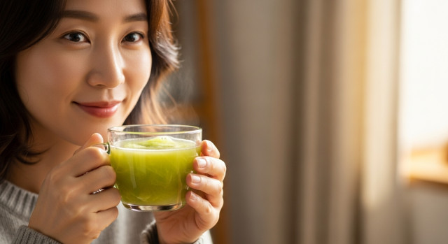 따뜻한 차와 양배추즙 한 컵