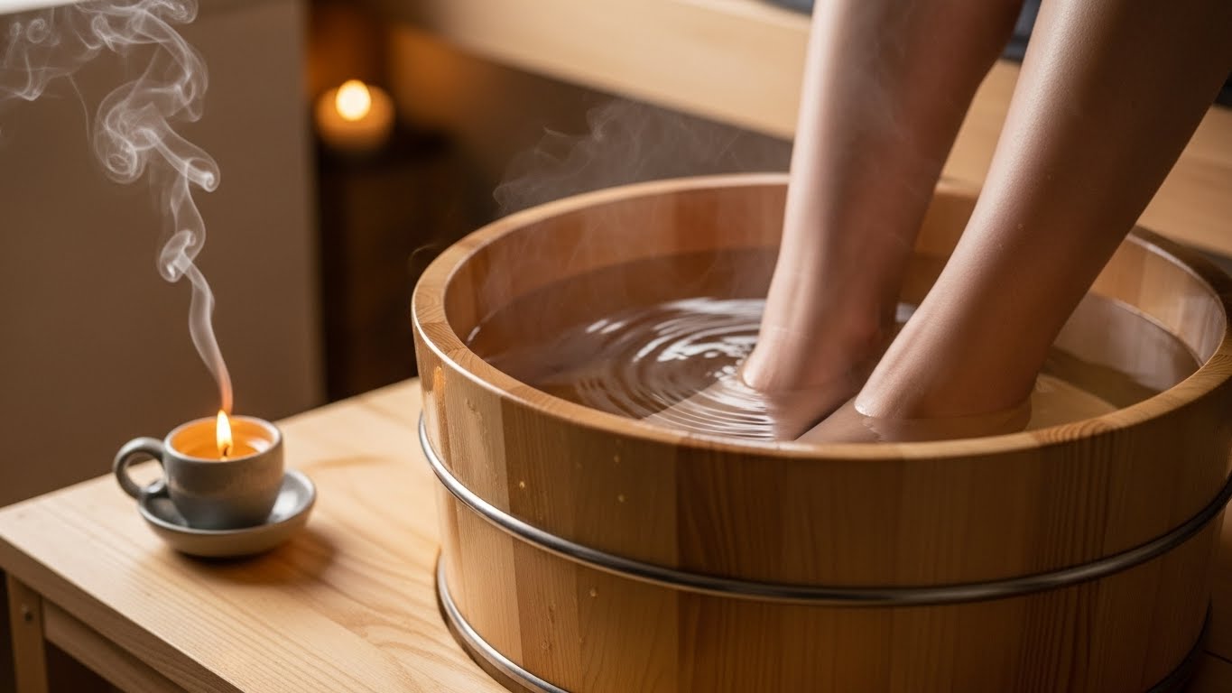 심부 체온을 조절하고 숙면 신호를 보내기 위해 따뜻한 물로 족욕을 즐기는 모습