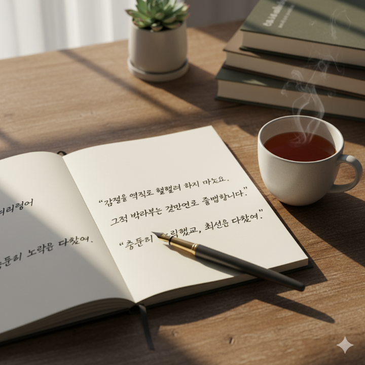 책 내용 중 인상 깊은 구절을 필사한 노트와 펜 이미지