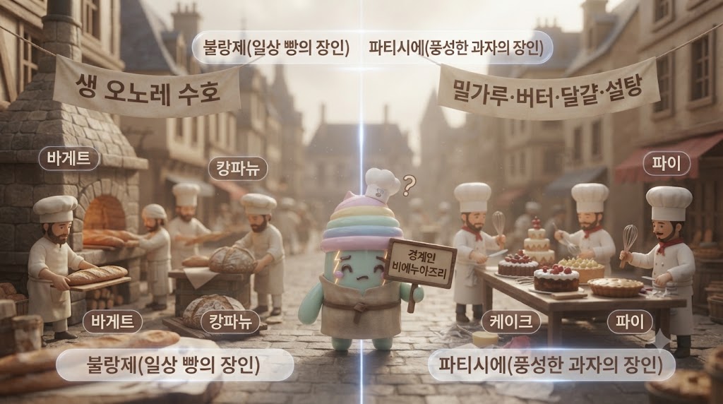 중세 파리의 생토노레 거리를 배경으로, 3D 쫀쿠가 '빵의 장인' 불랑제와 '과자의 장인' 파티시에 사이에서 중재자 역할을 하고 있습니다. 불랑제 진영은 투박한 바게트와 돌 오븐을 배경으로 하며 수호성인 배너를 들고 있습니다. 파티시에 진영은 화려한 케이크와 휘핑기, 설탕 공예를 배경으로 합니다. 두 장인 그룹이 경계선에서 미묘한 신경전을 벌이고 있고, 쫀쿠가 그 사이에서 "모두 맛있는 빵!"이라고 적힌 팻말을 들고 서 있습니다.