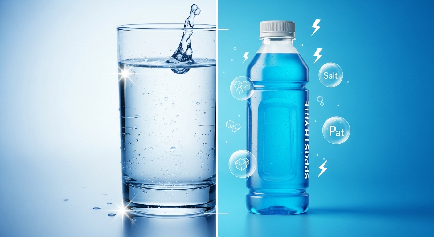 물과 이온음료를 비교하는 이미지. 한쪽에는 맑은 물, 다른 쪽에는 이온음료가 있다.