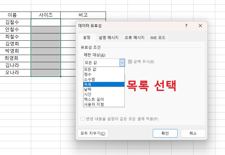 데이터 유효성 페이지 제한 대상에 목록 보임