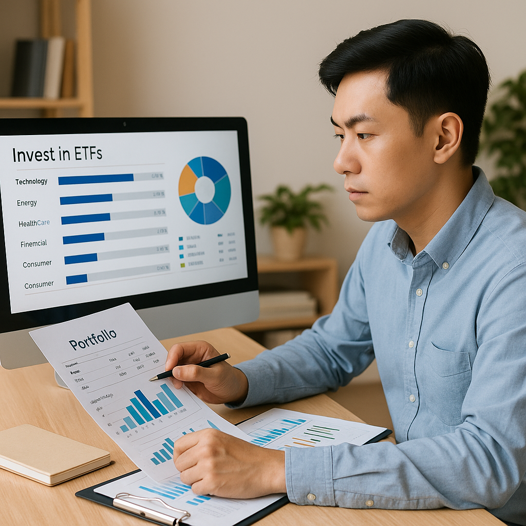 다양한 ETF 종목을 비교하며 포트폴리오를 구성하는 개인 투자자의 모습