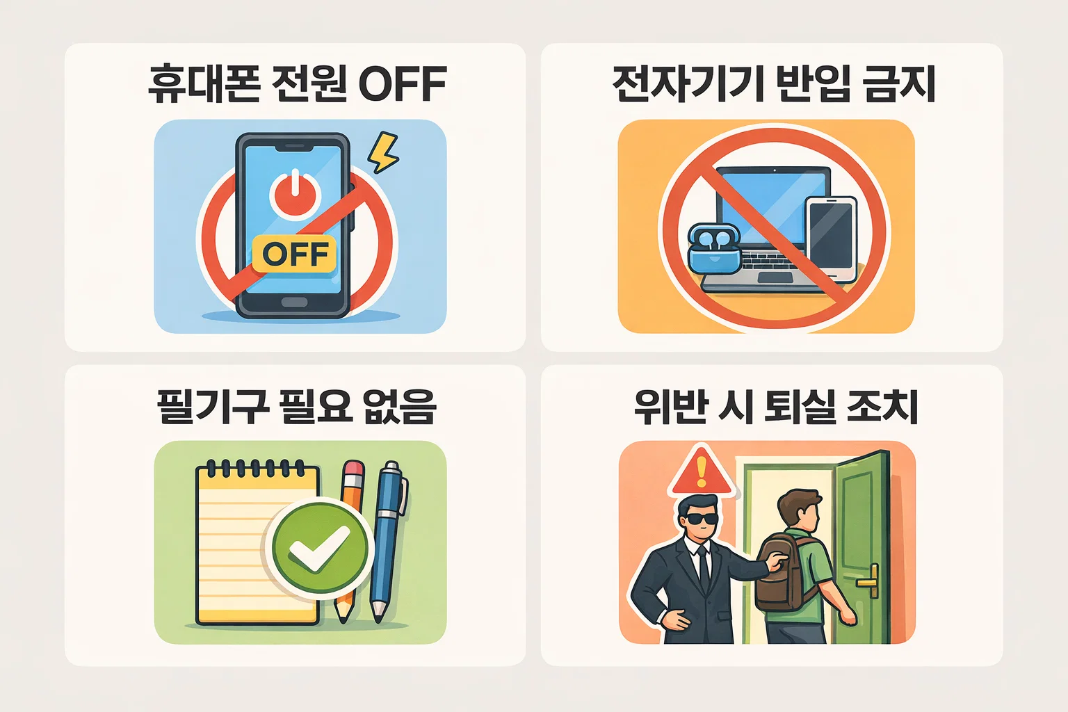 한식조리기능사 필기시험 CBT 환경에서 휴대폰·전자기기·필기구 반입 금지 규정을 정리해 위반 시 퇴실 조치될 수 있음을 보여주는 정보 이미지