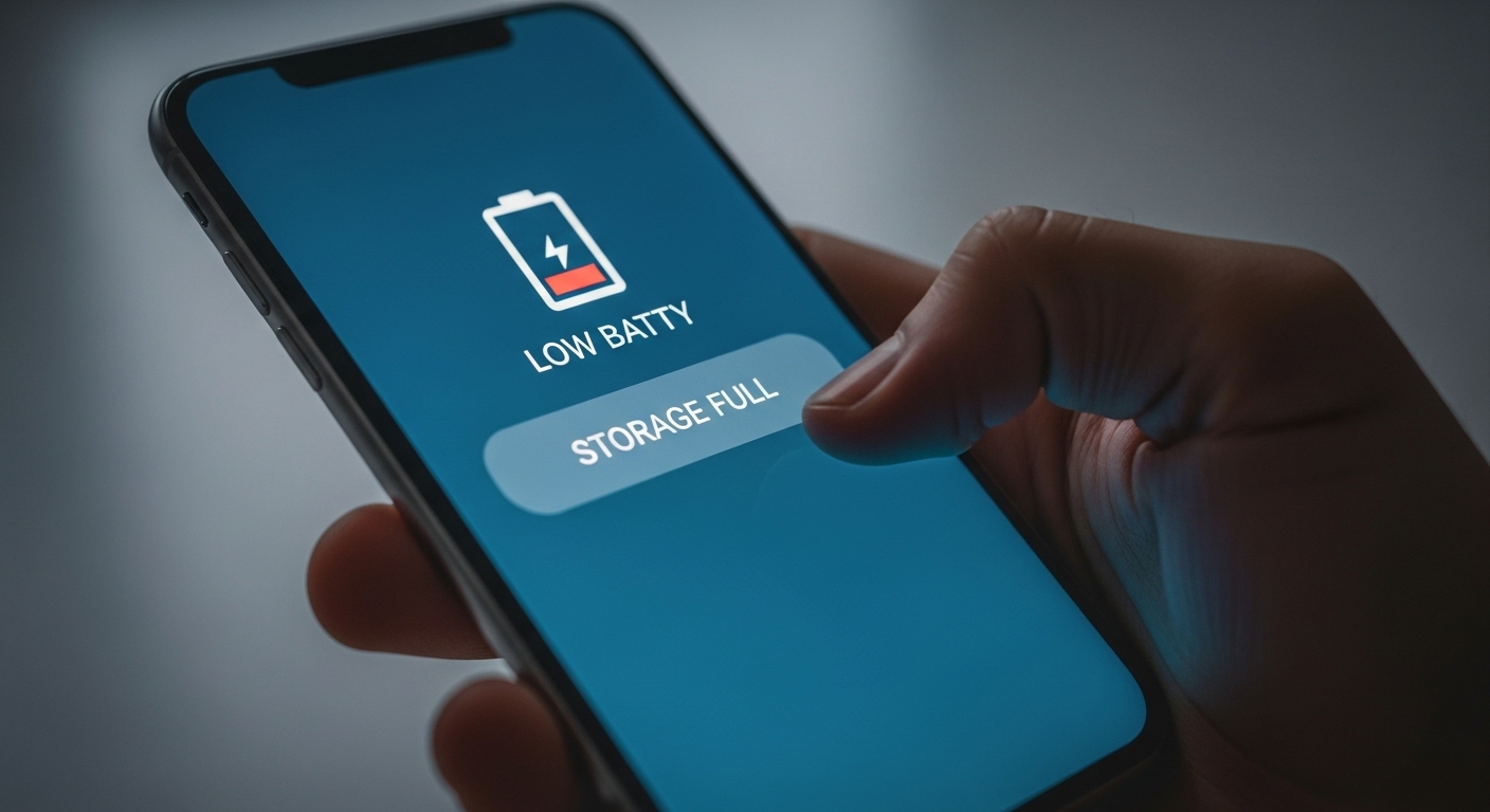 배터리 부족과 저장 공간 꽉 참 알림이 뜬 스마트폰 화면