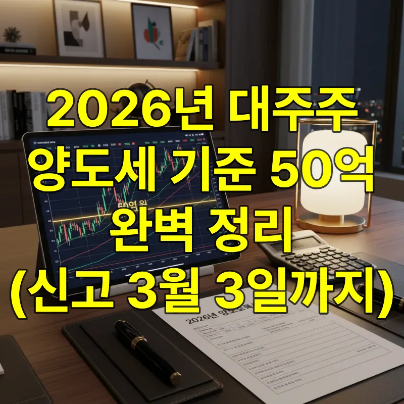 2026년 대주주 양도소득세 기준인 50억 원 선이 표시된 주식 그래프와 세무 신고 서류가 놓인 고액 자산가의 책상