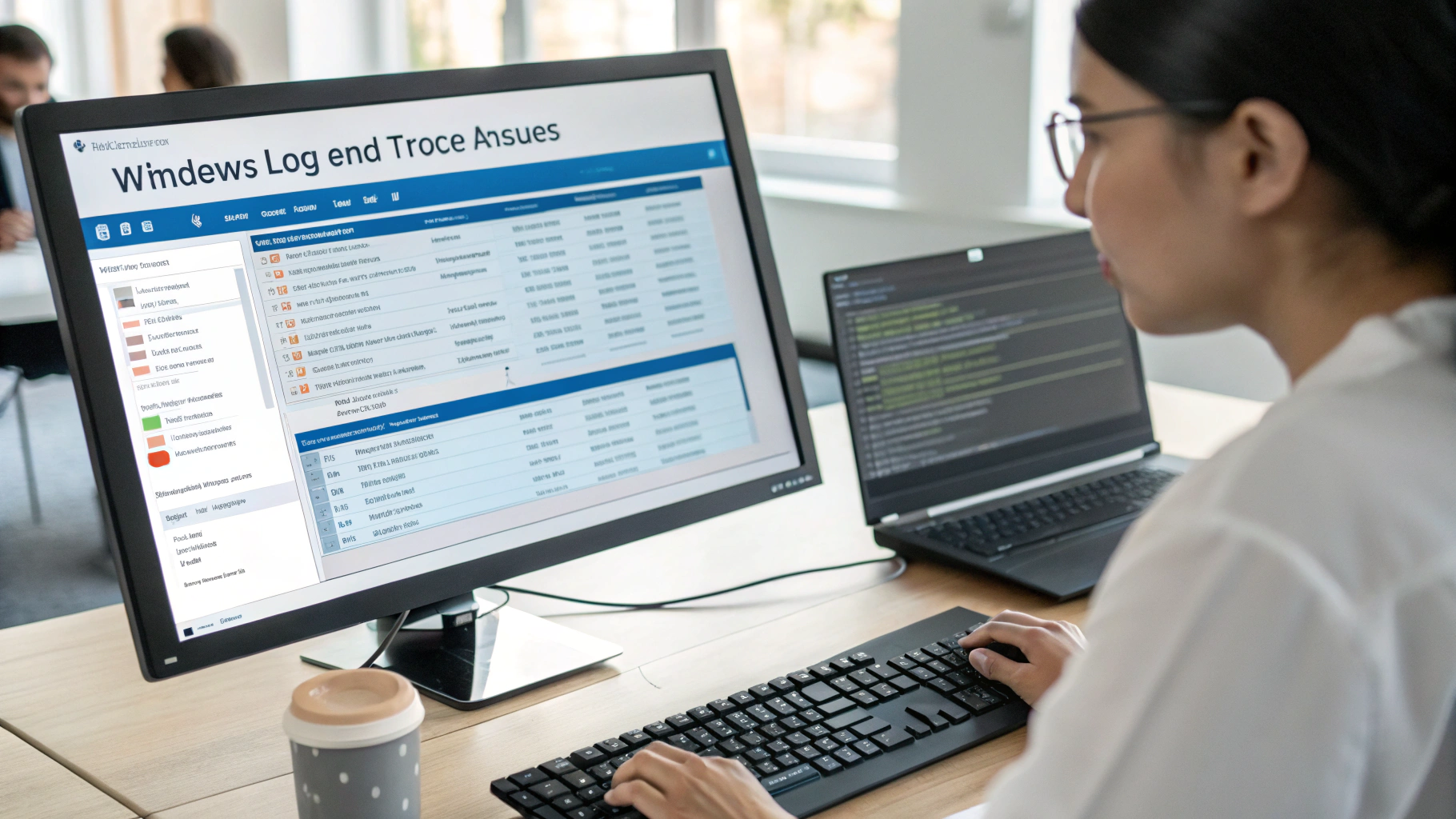 사무실에서 한 여성이 듀얼 모니터 환경에서 작업 중이며, 메인 모니터에는 'Wndews Log end Troce Ansues'라는 문구와 함께 로그 분석 또는 모니터링 시스템처럼 보이는 화면이 표시되어 있음. 텍스트 대부분은 실제 단어가 아닌 잘못된 철자나 무의미한 조합으로 구성되어 있음. 보조 노트북에는 코드 에디터가 열려 있고, 책상 위에는 키보드, 무선 마우스, 커피 컵 등이 놓여 있음