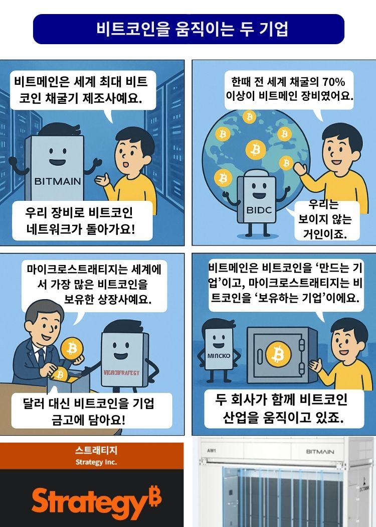 비트코인을 움직이는 두 기업. 1컷: 비트메인 공장에서 채굴기들이 돌아가는 장면. 2컷: 비트메인이 지구 채굴의 대부분을 차지하는 모습. 3컷: 마이크로스트래티지 CEO가 금고에 비트코인을 쌓는 장면. 4컷: 비트메인과 마이크로스트래티지가 각각 채굴과 보유의 상징으로 함께 서 있는 장면