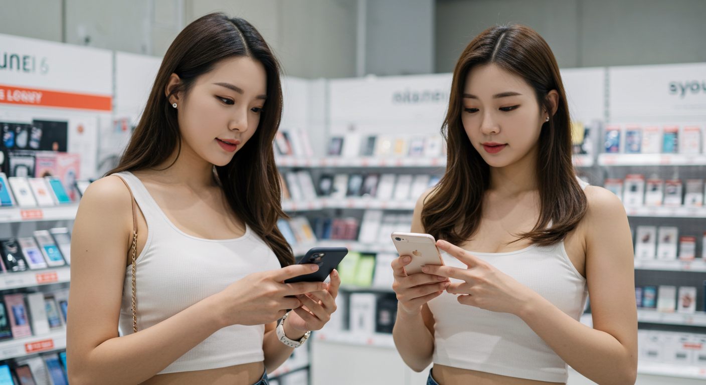 스마트폰을 구경하는 두 여인