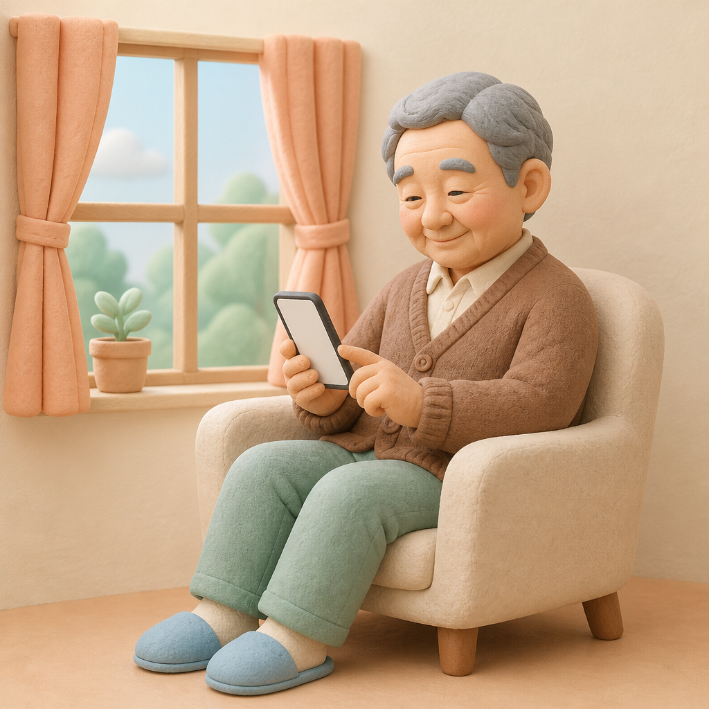 창가 의자에 앉아 휴대폰 속 사진을 넘겨 보는 60대 남성