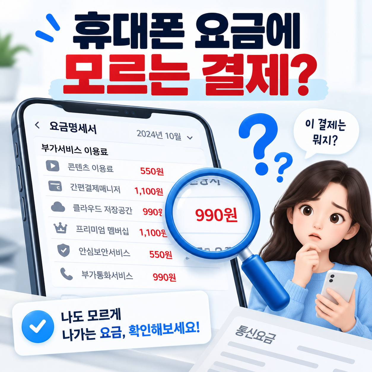 휴대폰 요금에서 모르는 소액결제와 유료 부가서비스를 확인하는 이미지