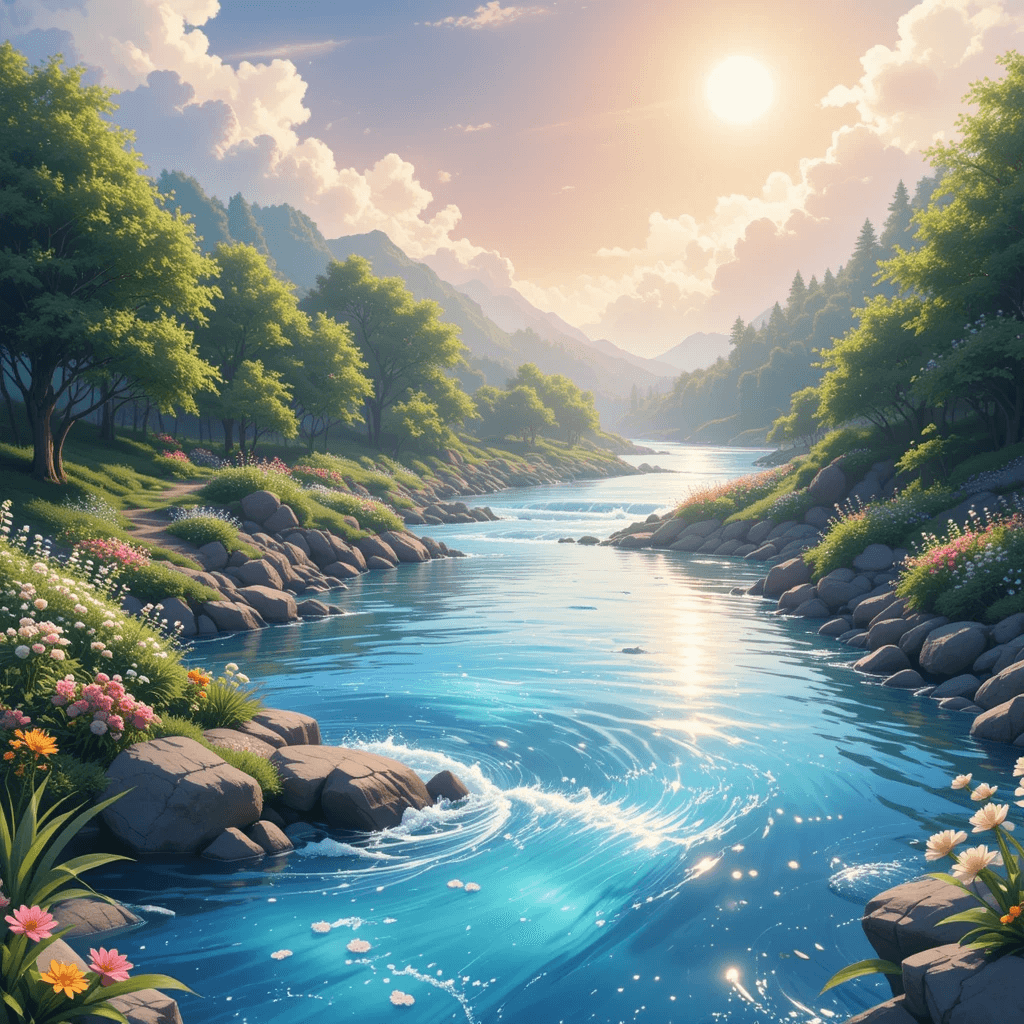 물(홍수)이 나오는 길몽 중 맑은 강물이 흐르는 꿈의 이미지입니다.