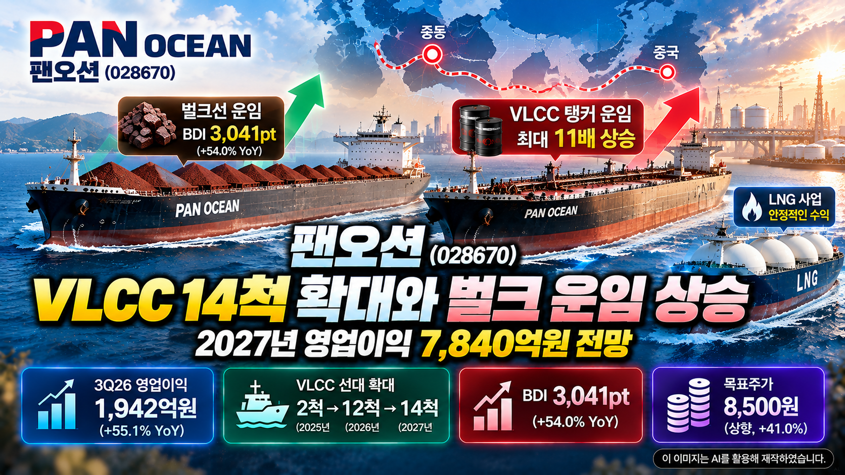 팬오션 기업분석, VLCC 선대 14척 확대와 벌크 운임 상승에 따른 2027년 영업이익 7,840억원 전망 및 LNG 운송사업 성장 분석