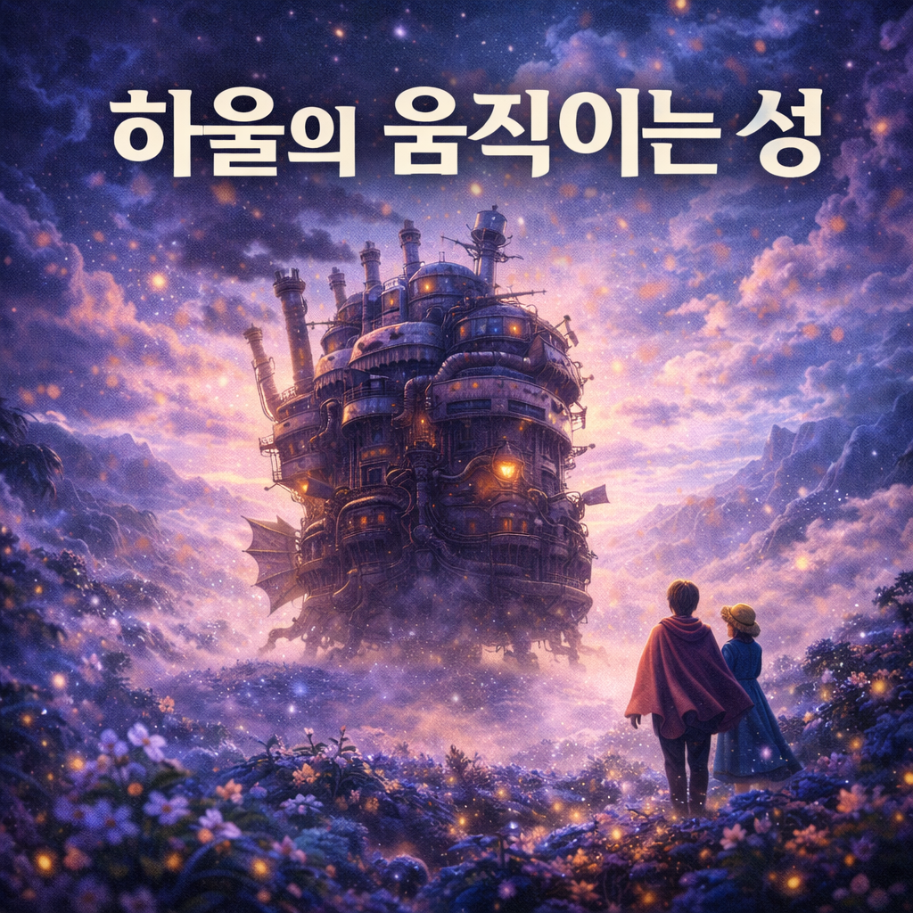 하울의 움직이는 성을 보고있는 주인공들. 영화제목 하울의 움직이는 성 문구가 삽입되어 있음.