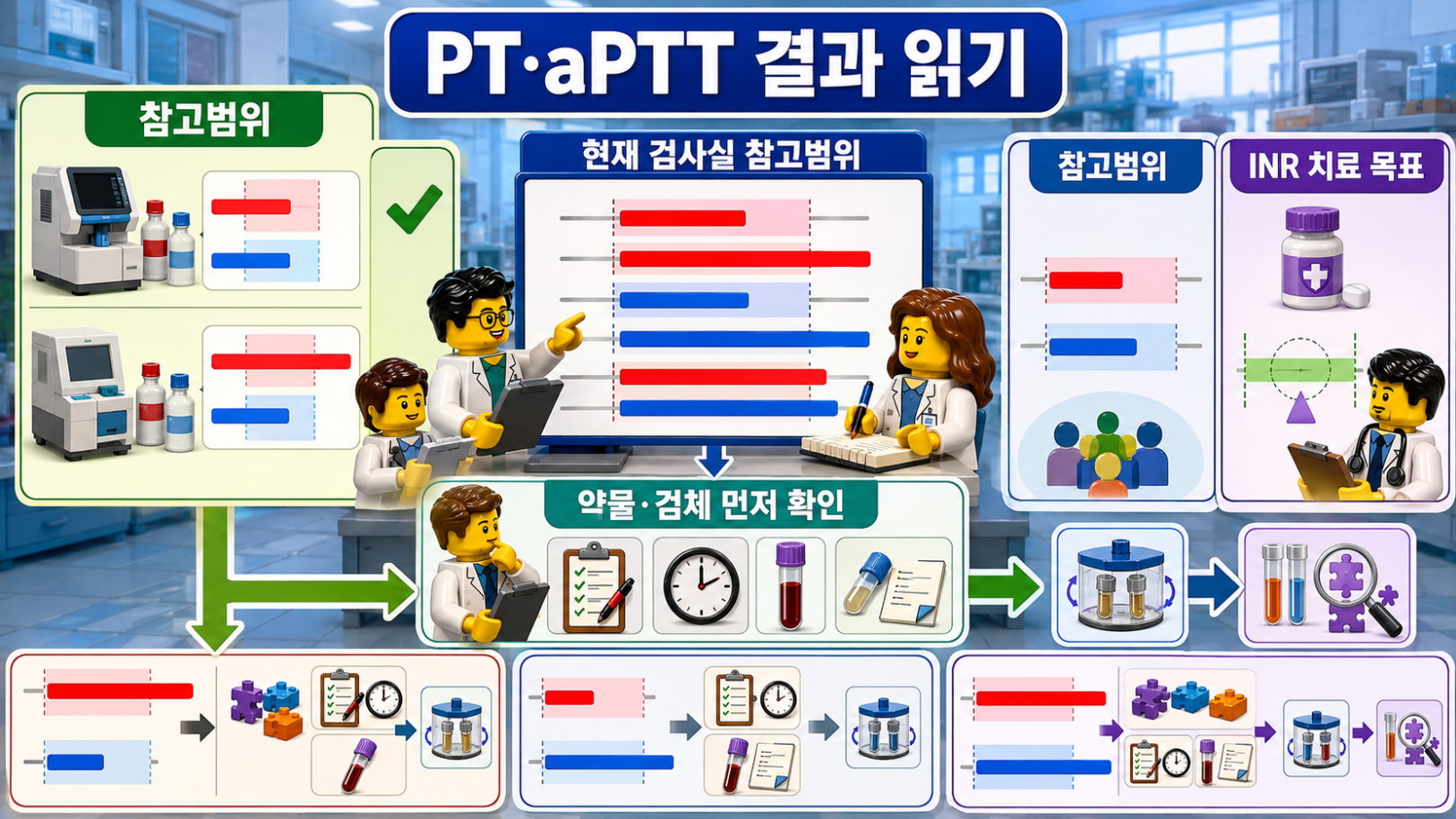 현재 검사실 참고범위와 INR 치료 목표의 차이, 그리고 PT·aPTT 결과를 읽는 방법을 설명하는 레고 스타일 의료 포스터