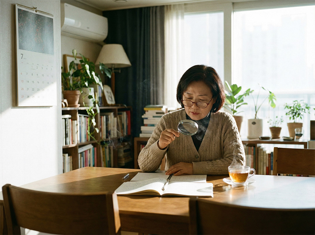 돋보기를 쓴 채 무언가를 골똘히 확인하고 있는 단정한 차림의 50대 한국 여성