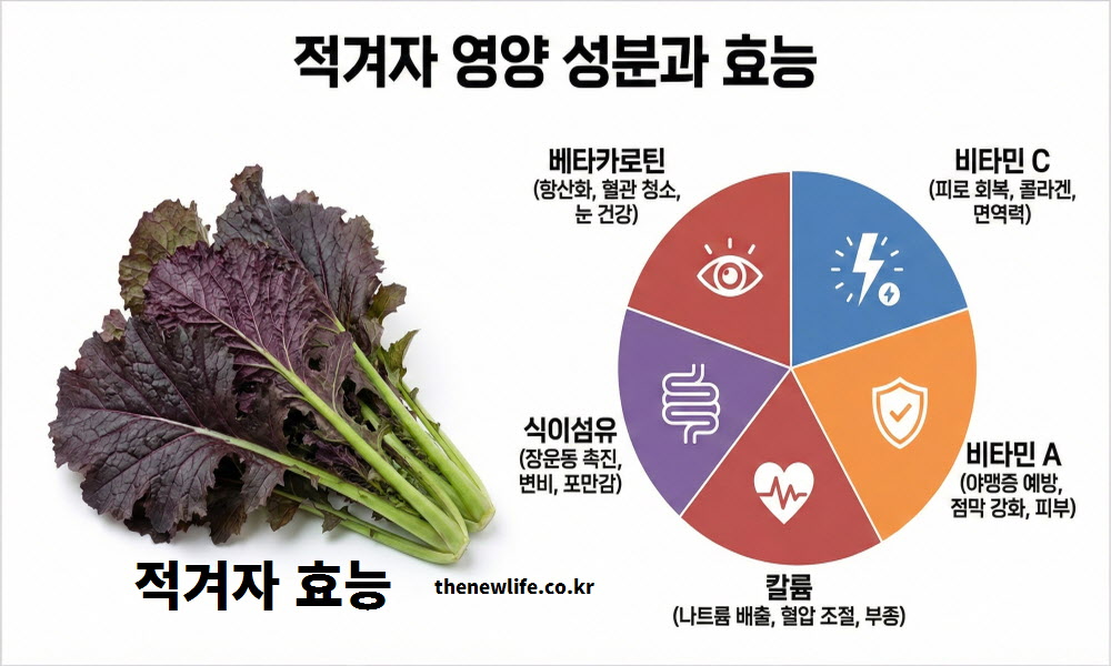 베타카로틴, 비타민 C, 칼륨 등 5대 영양소가 풍부한 적겨자의 성분별 효능을 정리한 차트 이미지
