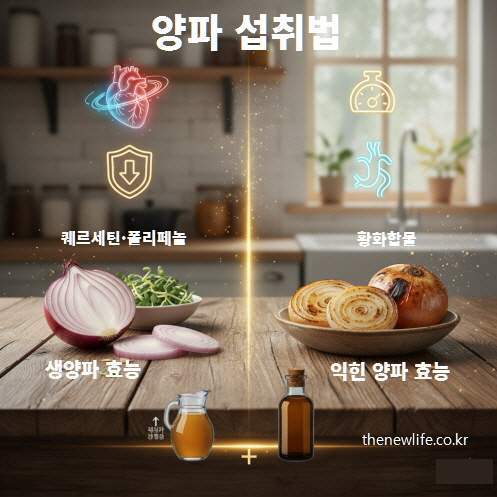 생양파와 익힌 양파의 효능 차이를 보여주는 인포그래픽