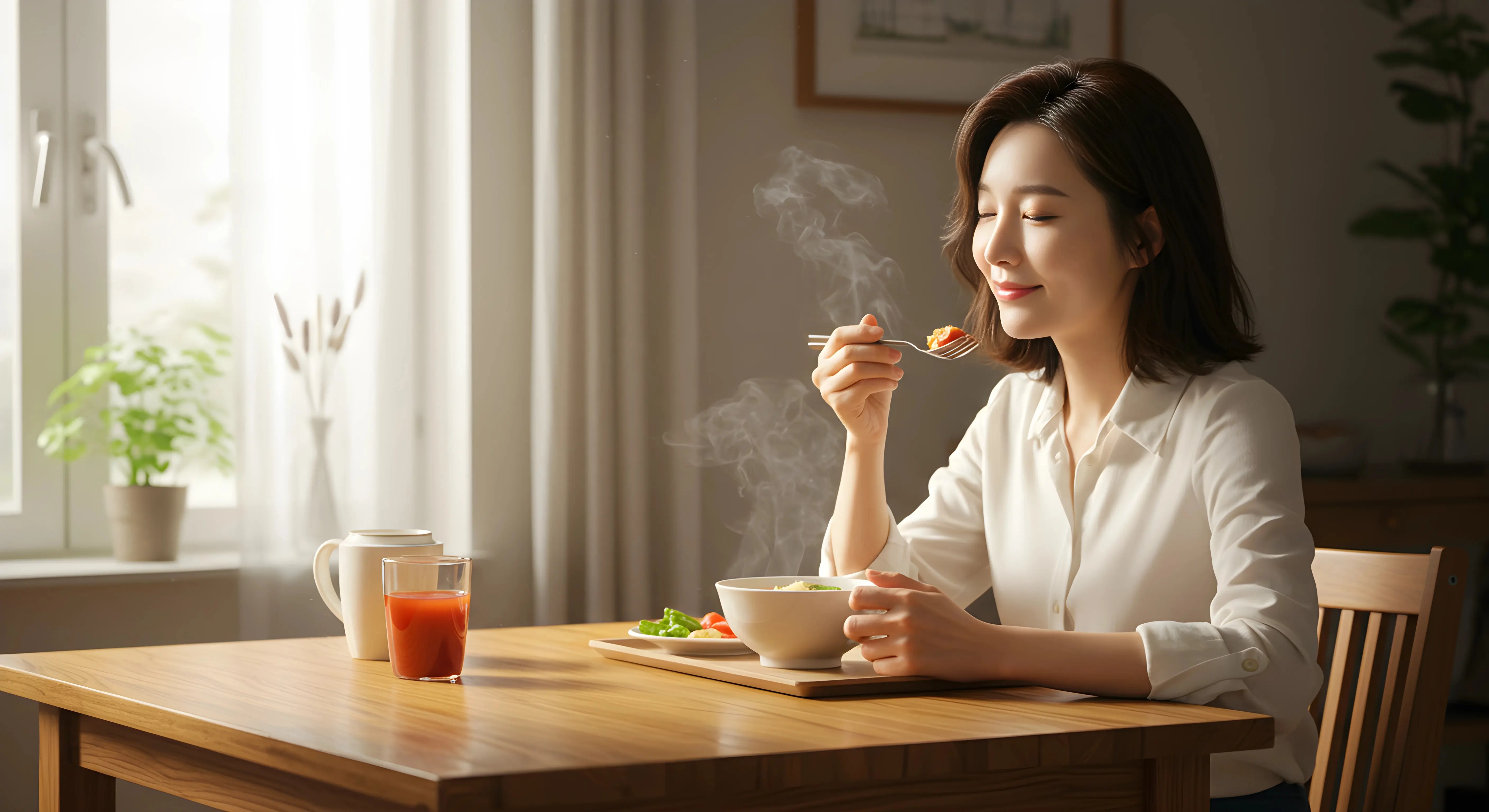 창가 테이블에 앉아 눈을 감고 만족스러운 미소로 식사를 즐기는 여성, 뜨거운 음식에서 나오는 김, 나무 테이블 위에 건강한 식사와 음료가 담긴 그릇들이 보이며 밝고 편안한 분위기의 실내 공간. 건강식을 천천히 즐기며 눈을 감고 만족스러운 미소를 짓는 모습