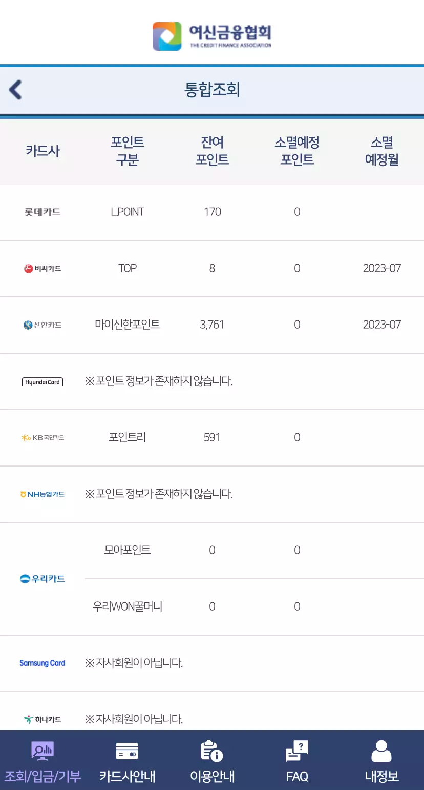 카드포인트 통합조회 포인트 조회