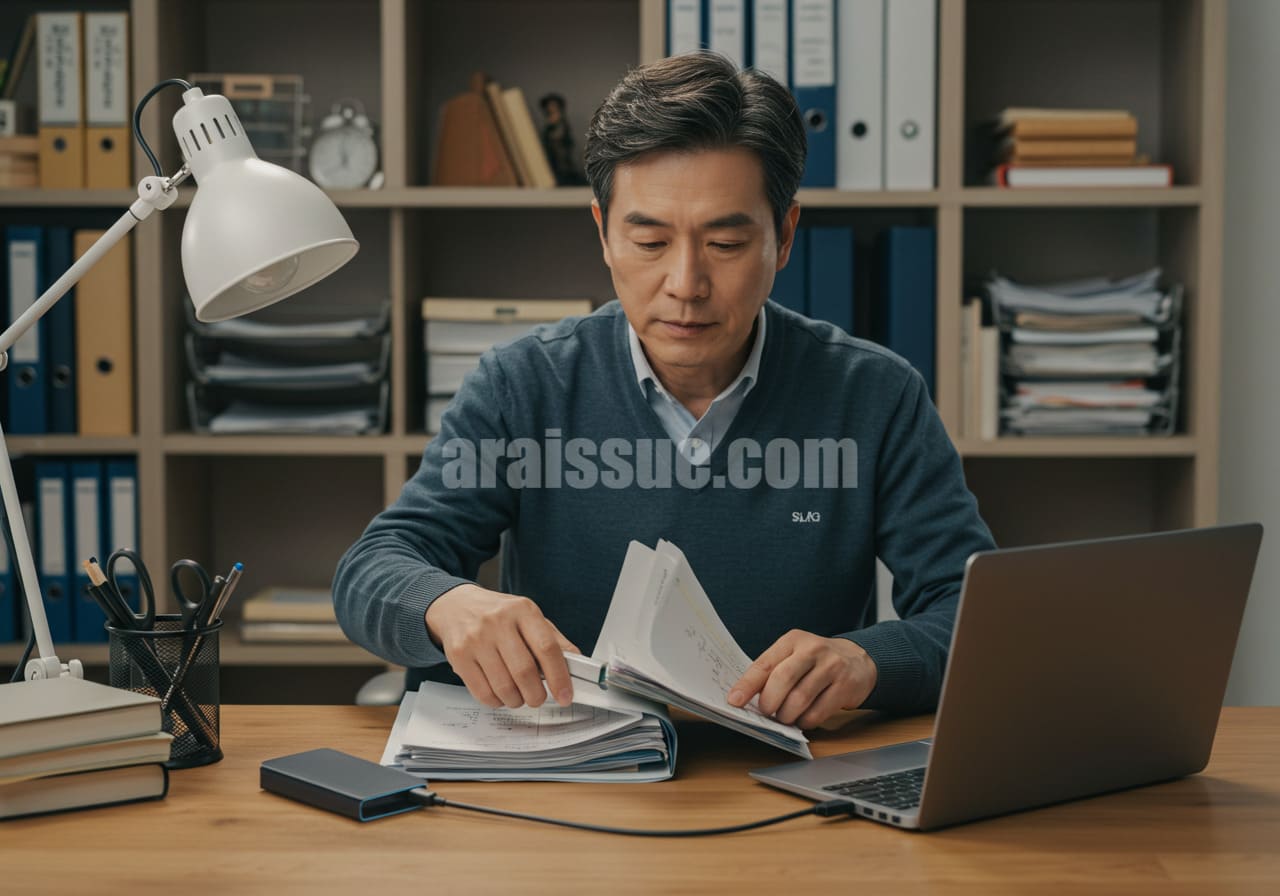 한국 중년 남성이 책상에 앉아 노트북으로 진료일자별 의료 기록을 정리하고 USB에 저장하는 장면. 주변에는 서류와 사무용품이 놓여 있으며, 실내 공간이 배경을 가득 채우는 일상적인 정보 정리 모습.