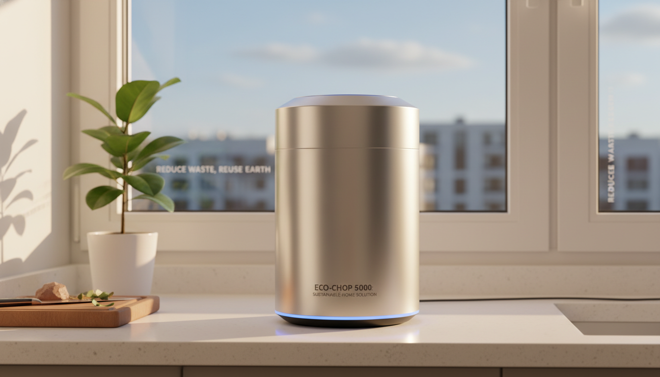 밝은 주방 싱크대 위에 놓여있는 세련된 디자인의 비앙코 음식물처리기