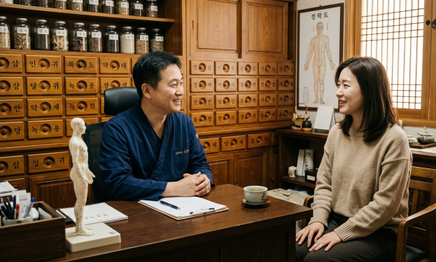 진료실에서 한의사와 여성 환자가 편안하게 상담하는 장면