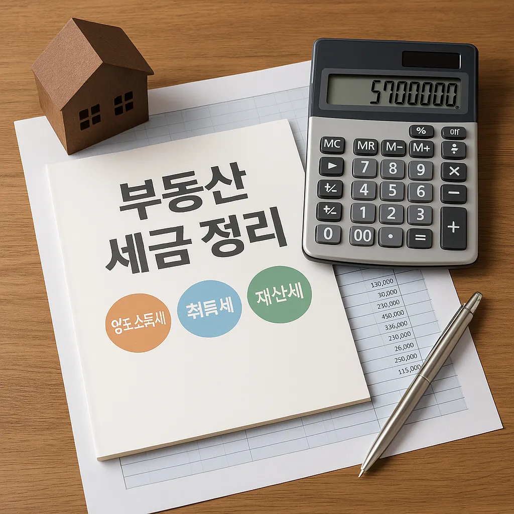 부동산 세금 관련 서류와 계산기가 함께 놓인 책상 위 모습