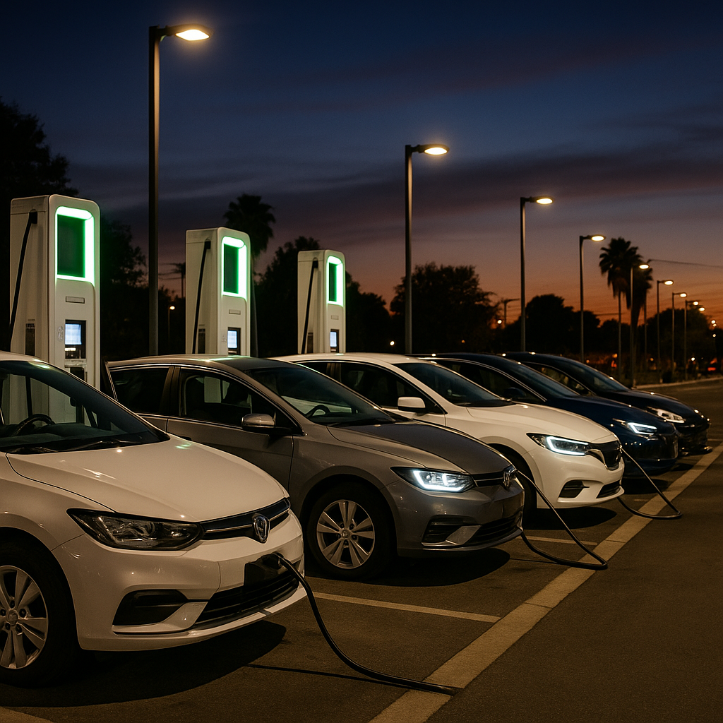 "해 질 무렵의 LA 전기차 충전소 풍경" 이미지