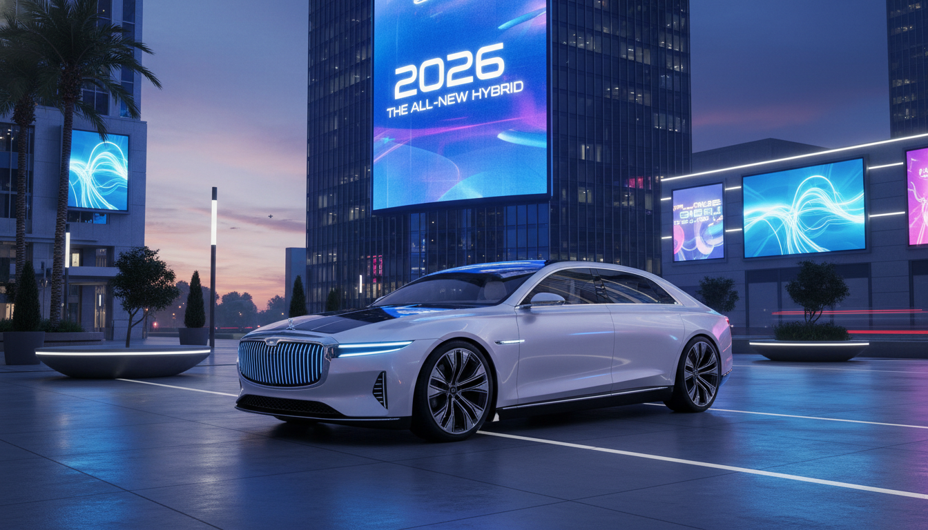 세련된 도심 야경을 배경으로 서 있는 2026년형 그랜저 하이브리드 차량의 우아하고 고급스러운 전면 외관