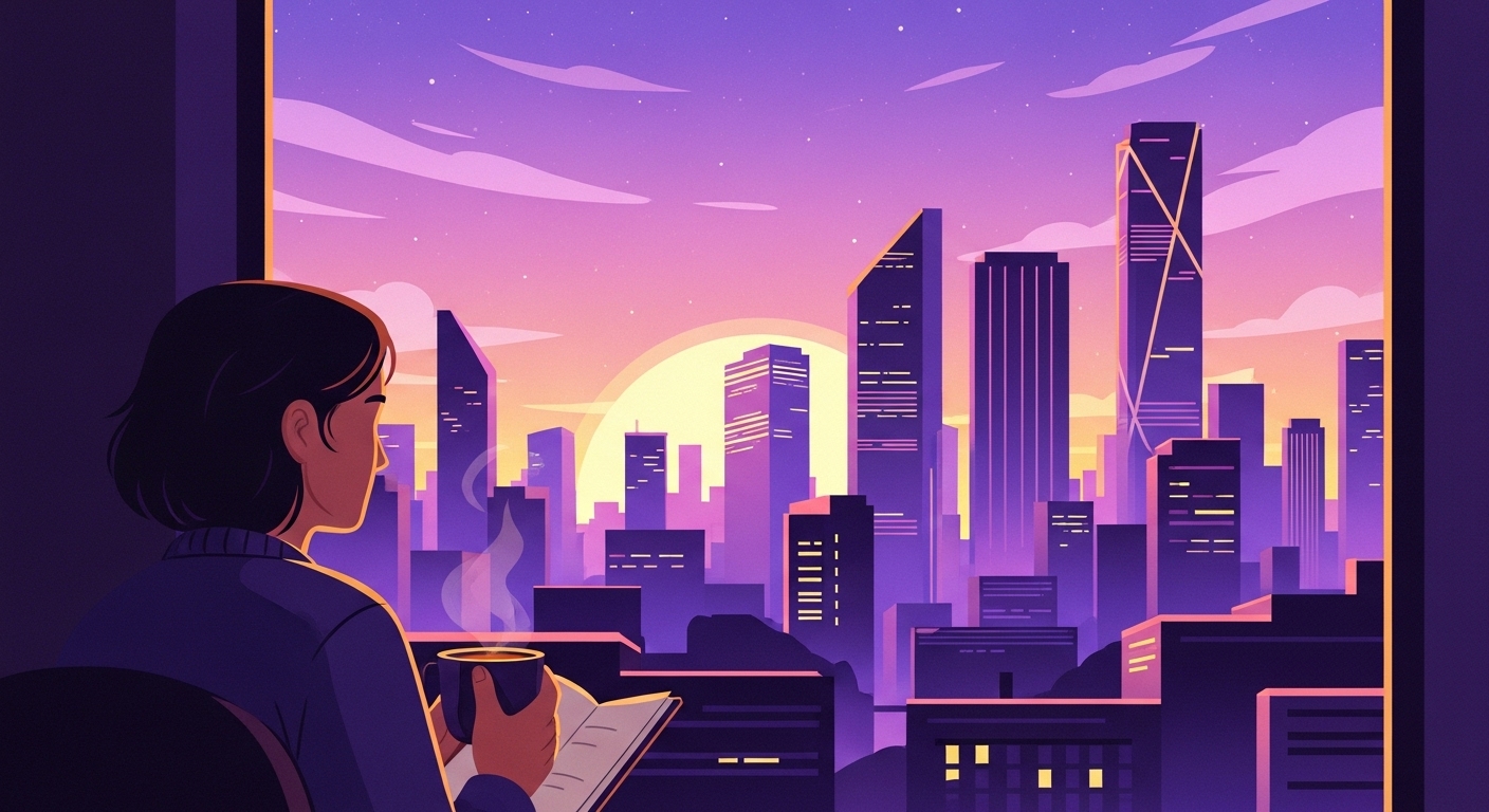 노을 진 도시 풍경을 바라보며 평온하게 휴식하는 직장인의 모습, 2026년 직장인 번아웃 극복을 위한 웰니스 루틴을 상징합니다.