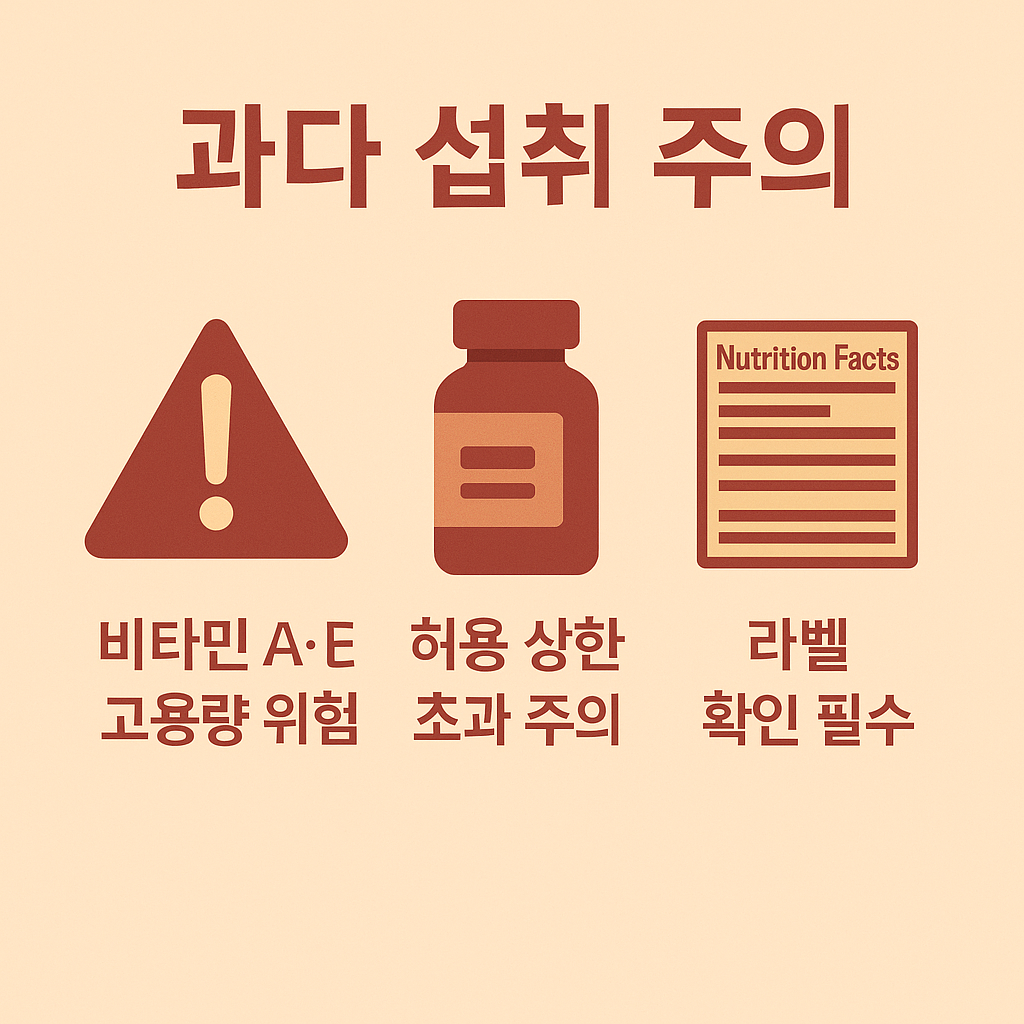 종합비타민 과다 섭취 시 주의사항을 경고하는 인포그래픽, 비타민 A·E 고용량 위험, 허용 상한 초과 시 주의, 제품 라벨 확인 필수 메시지를 담아 안전한 복용을 안내하는 자료