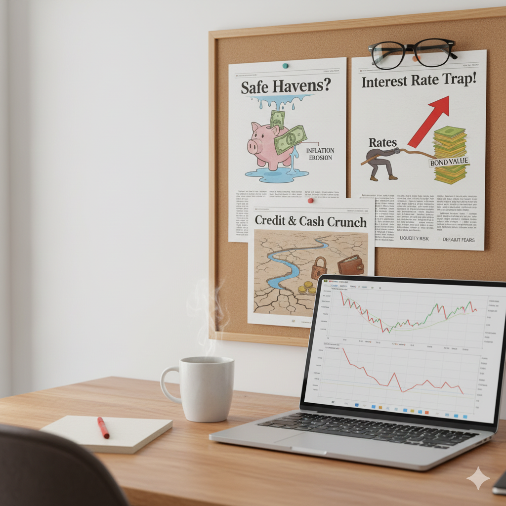 나무 프레임 코르크 보드에 두 장의 신문 기사 포스터가 핀으로 고정되어 있다. 왼쪽은 'Safe Havens?' 제목에 돈이 빠져나가는 돼지 저금통 일러스트와 'INFLATION EROSION' 설명, 오른쪽은 'Interest Rate Trap!' 제목에 밧줄로 끌리는 채권 가치와 'RATES' 화살표. 아래에 'Credit &amp; Cash Crunch'와 'LIQUIDITY RISK' 관련 이미지가 추가되어 있고, 안경과 차 한 잔이 앞에 놓여 있으며, 모니터에 채권 가격 하락 차트가 보이는 사무실 벽면.