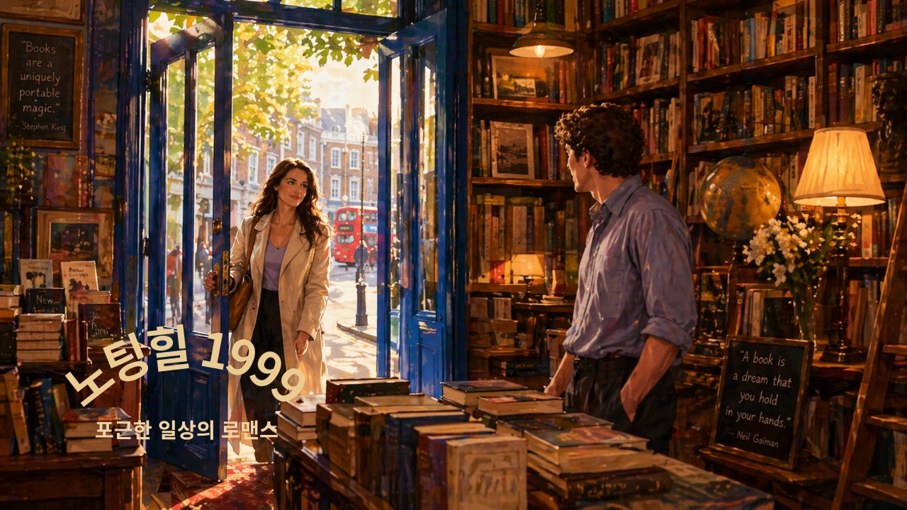 노팅힐 (1999) 커스텀 썸네일 - 파란 서점 문을 열고 들어오는 여인과, 따뜼한 서점안에서 그녀를 바라보는 남자의 순간을 일러스트로 표현한 이미지. 포근한 일상 속 로맨스를 시각화한 썸네일.