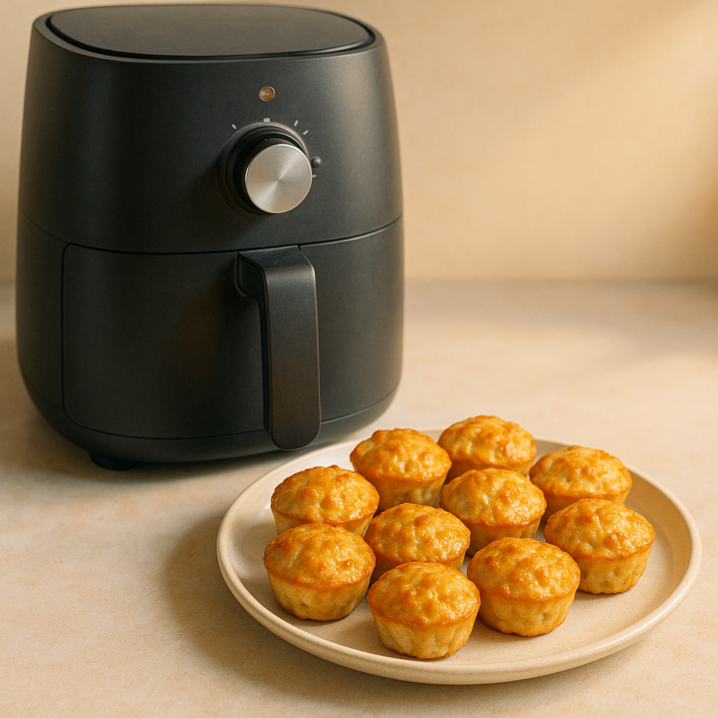 노릇하게 구워진 닭가슴살 미니 머핀과 에어프라이어가 함께 있는 대표 이미지