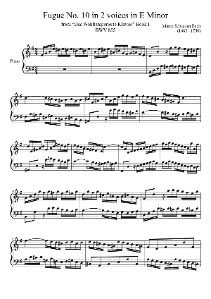 『평균율 클라비어곡집』 1권 10번 &ndash; E단조 푸가 악보의 첫 페이지