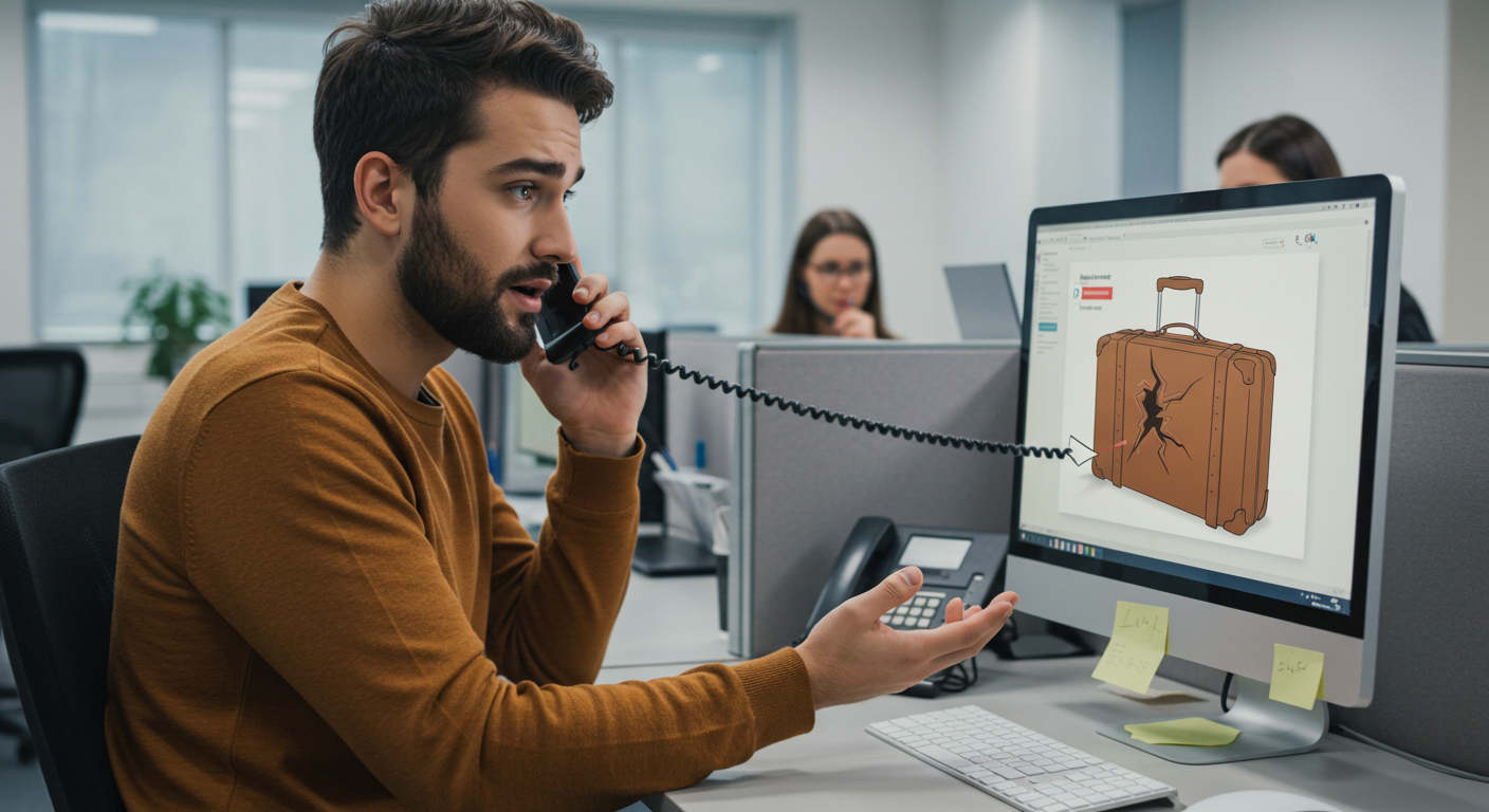 고객센터에 수하물 파손 문의를 하는 모습.