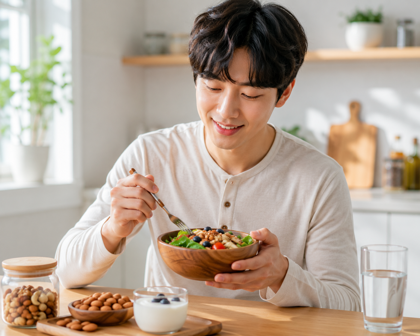 견과류와 건강 식단을 통해 마그네슘을 섭취하는 모습