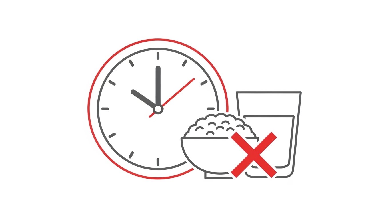 정확한 검진 결과를 위해 전날 밤 9시부터 음식물 섭취를 금지해야 함을 알려주는 주의사항 그래픽