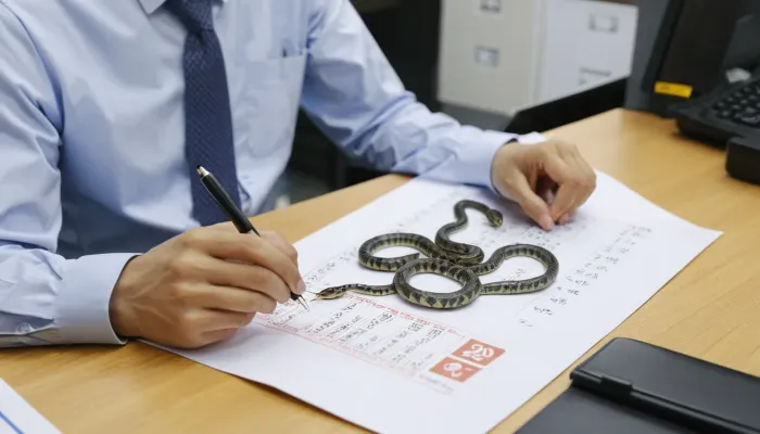 사무실에서 뱀띠 운세 자료를 출력하고 정리하는 모습