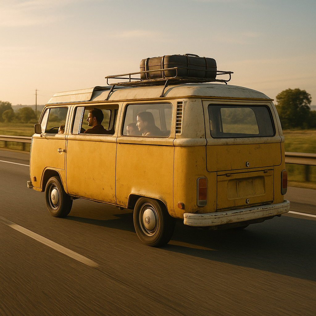 낡은 노란 밴을 타고 여행을 떠나는 가족 사진