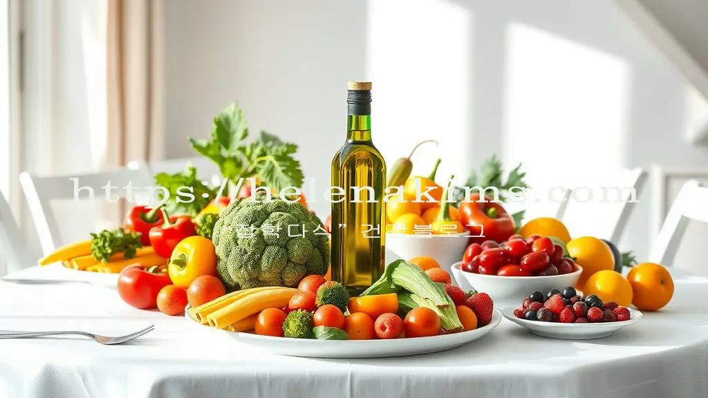하얀색의 식탁 위에 올리브 오일과 다양한 채소, 그리고 과일들이 놓여 있는 모습.