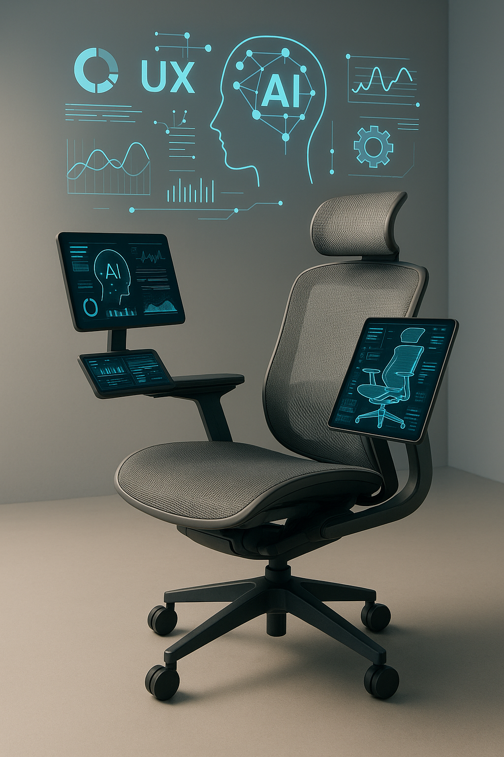 인체공학적 디자인의 회색 오피스체어 주변에 UX&middot;AI 데이터 인터페이스가 시각화된 미래형 스마트 체어 콘셉트 이미지.
