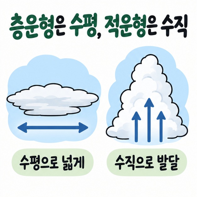 층운형은 수평으로 넓게 퍼지고 적운형은 수직으로 솟아오르는 모습을 하늘 그림으로 비교한 카드