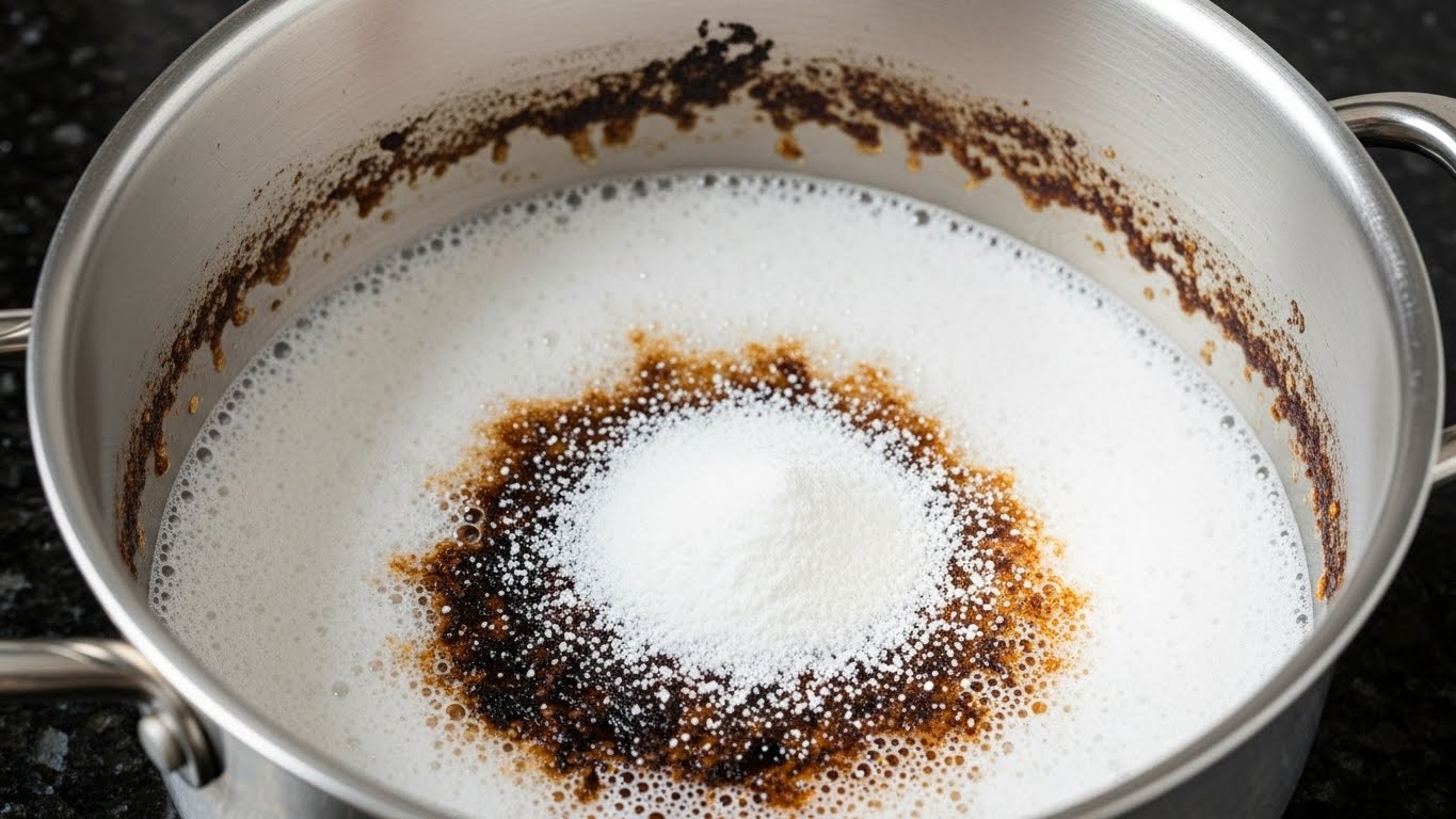 과탄산소다를 활용해 스테인리스 냄비의 탄 자국을 완벽히 제거하는 과정