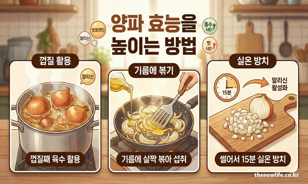 껍질째 육수 내기, 기름에 볶아 먹기, 썰어서 15분 실온 방치하기 등 영양 흡수율을 극대화하는 3가지 비결을 담은 양파 효능 인포그래픽