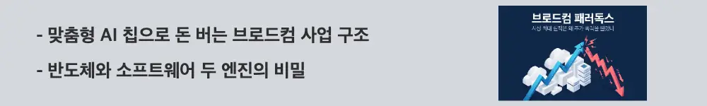 브로드컴 실적발표: '맞춤형 AI 칩으로 돈 버는 브로드컴 사업 구조'라는 문구가 포함된 웹배너 이미지. 이 이미지는 브로드컴의 반도체 솔루션과 인프라 소프트웨어 두 축의 사업 구조를 시각적으로 전달하며, 블로그의 브로드컴 사업 구조와 본업 분석과 관련된 내용을 설명함