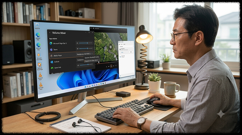 Windows 11 볼륨 믹서에서 특정 프로그램의 출력 장치를 이어폰으로 변경하는 모습