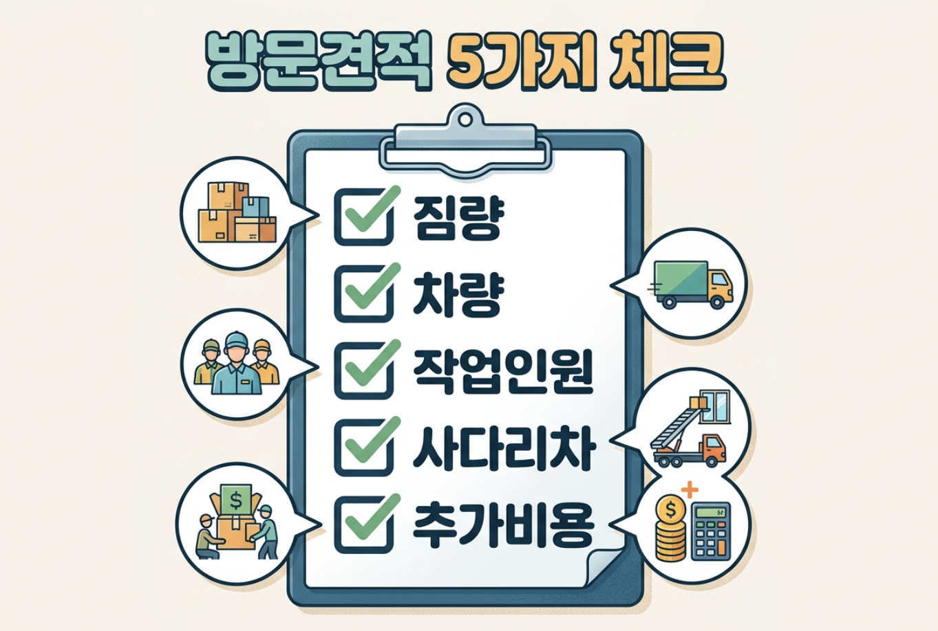 이사 방문견적에서 짐량 차량 작업인원 사다리차 추가비용을 확인하는 이미지
