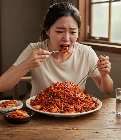 매운 음식을 폭식하는 여성의 모습